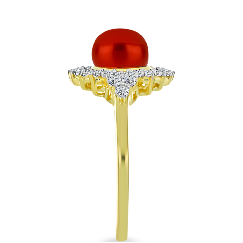 Anillo de Plata Bañada en Oro con Perla roja de río y Topacio Blanco
