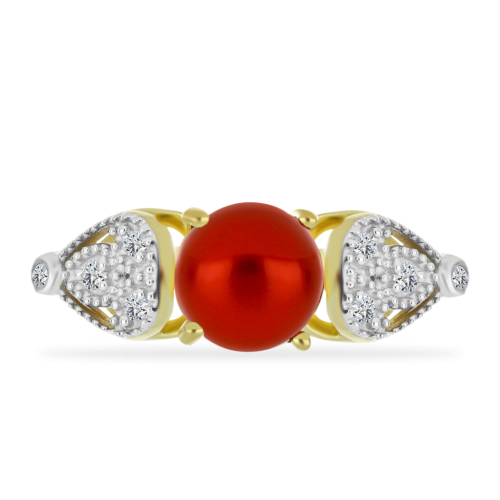 Anillo de Plata Bañada en Oro con Perla roja de río y Topacio Blanco