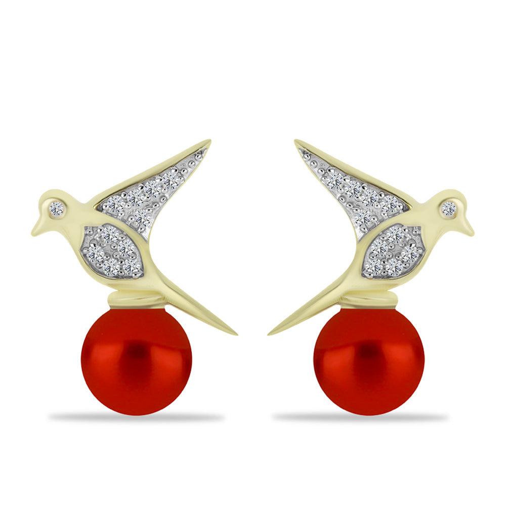 Pendientes de Plata Bañada en Oro con Perla roja de río y Topacio Blanco