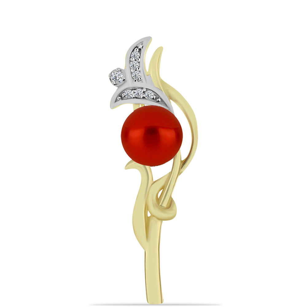 Broche de Plata Bañada en Oro con Perla roja de río y Topacio Blanco