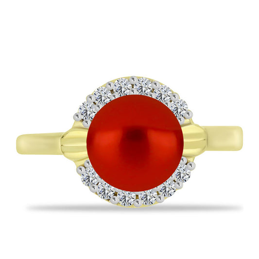 Anillo de Plata Bañada en Oro con Perla roja de río y Topacio Blanco
