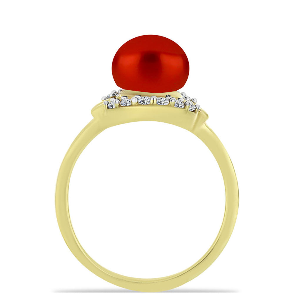 Anillo de Plata Bañada en Oro con Perla roja de río y Topacio Blanco