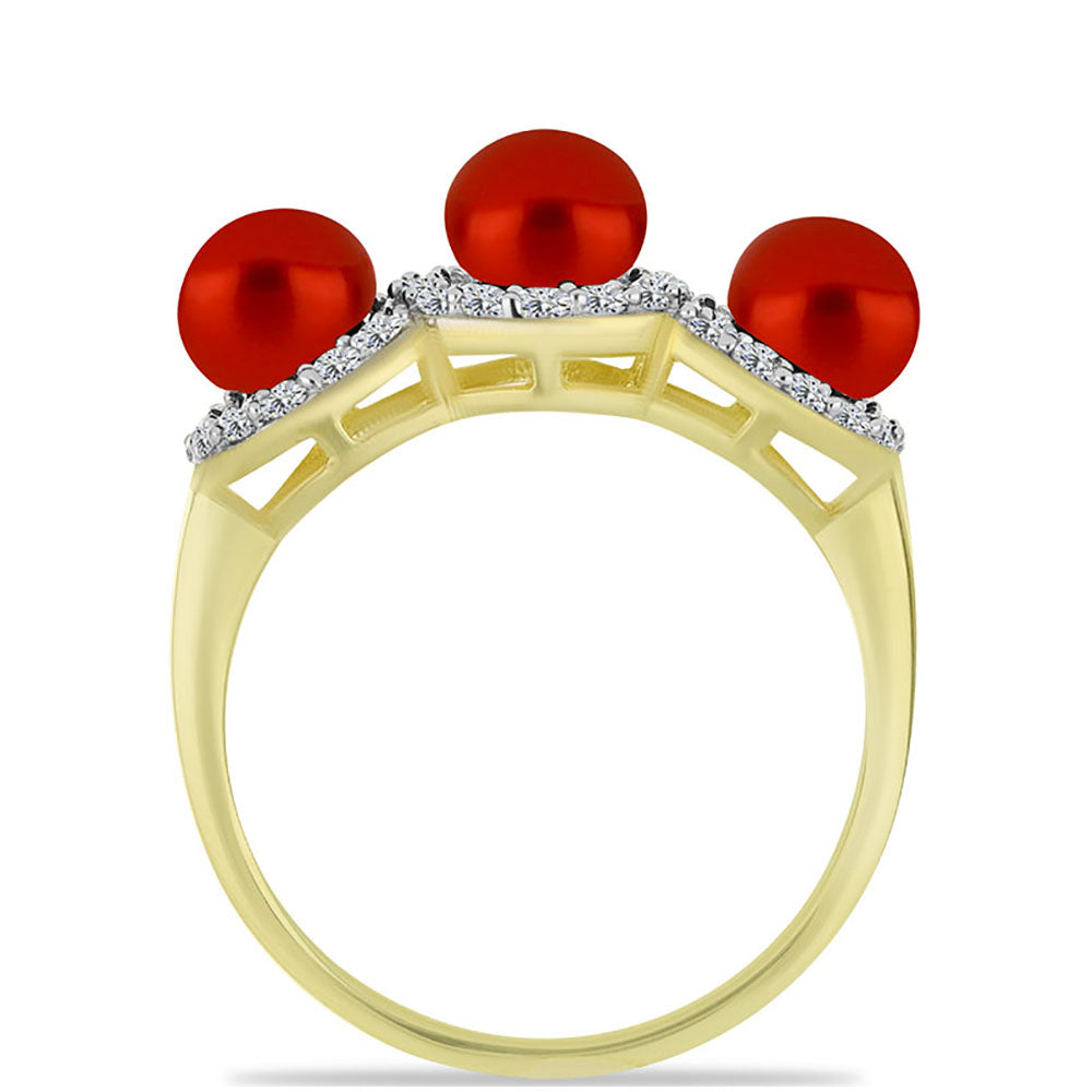 Anillo de Plata Bañada en Oro con Perla roja de río y Topacio Blanco 2 