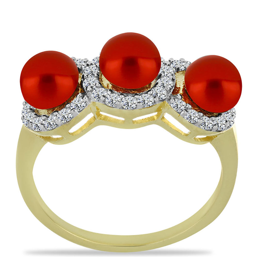 Anillo de Plata Bañada en Oro con Perla roja de río y Topacio Blanco