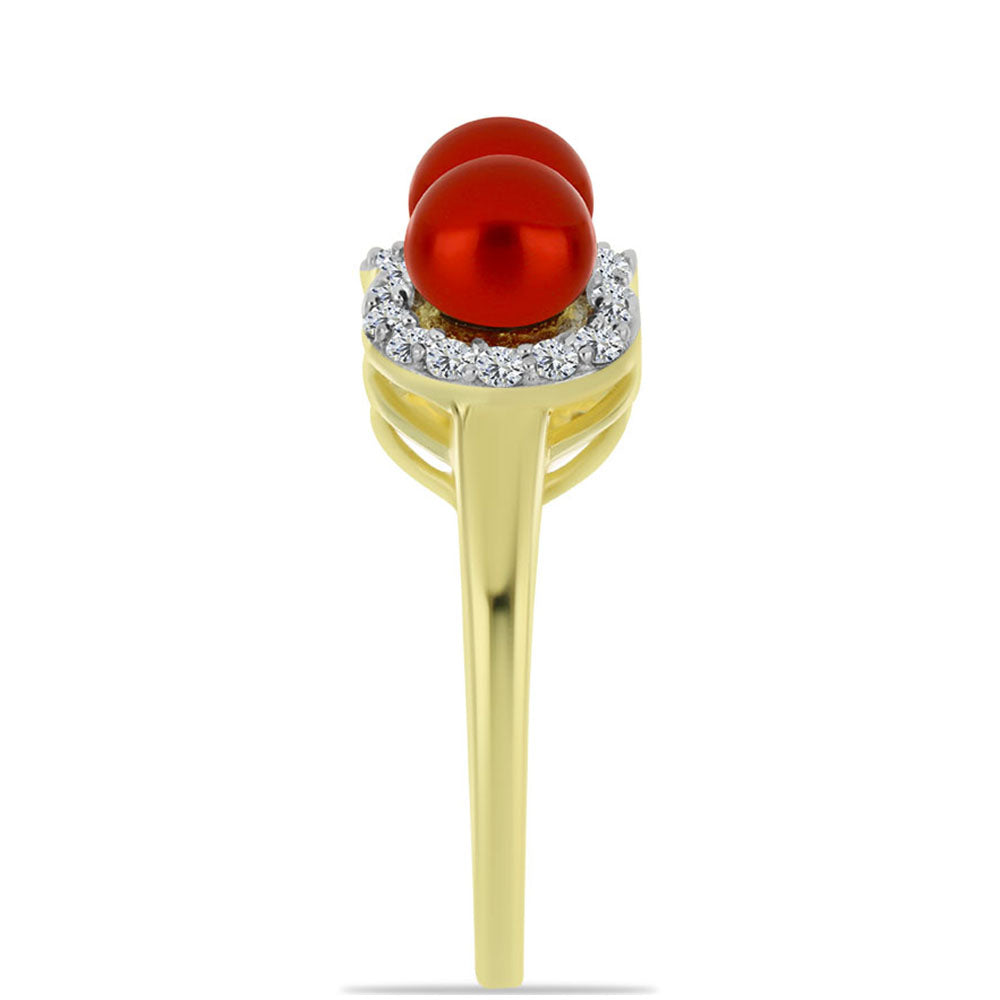 Anillo de Plata Bañada en Oro con Perla roja de río y Topacio Blanco 4 