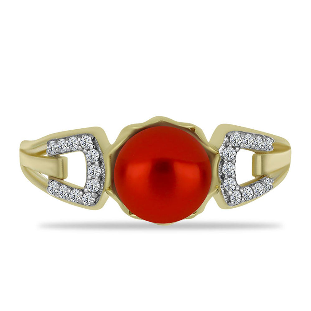 Anillo de Plata Bañada en Oro con Perla roja de río y Topacio Blanco