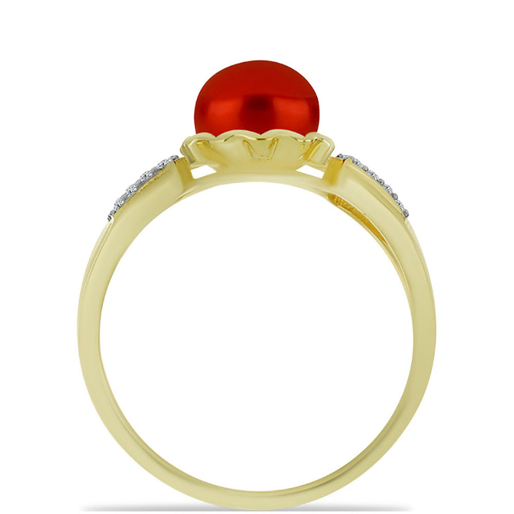 Anillo de Plata Bañada en Oro con Perla roja de río y Topacio Blanco 2 