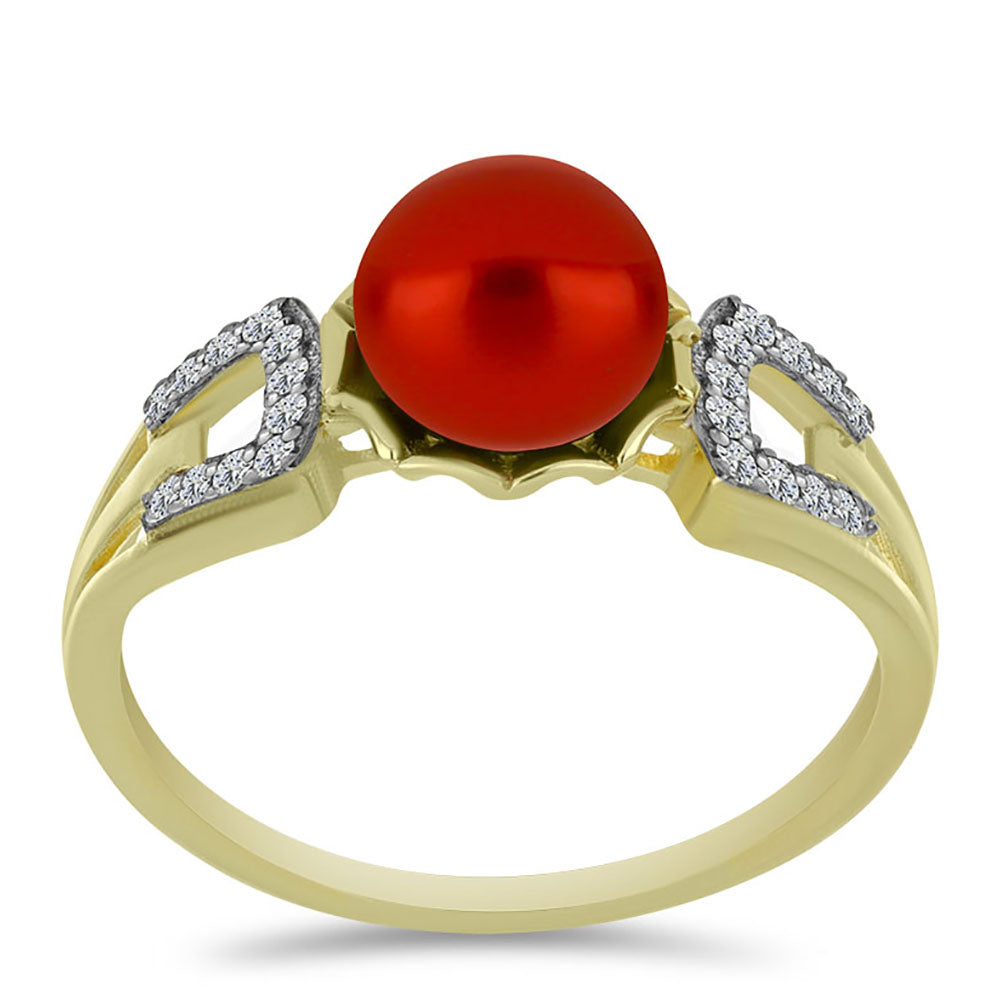 Anillo de Plata Bañada en Oro con Perla roja de río y Topacio Blanco