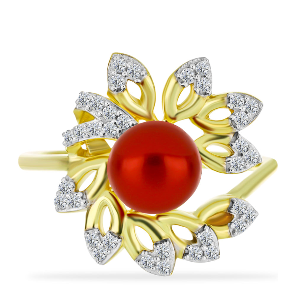 Anillo de Plata Bañada en Oro con Perla roja de río y Topacio Blanco 1 