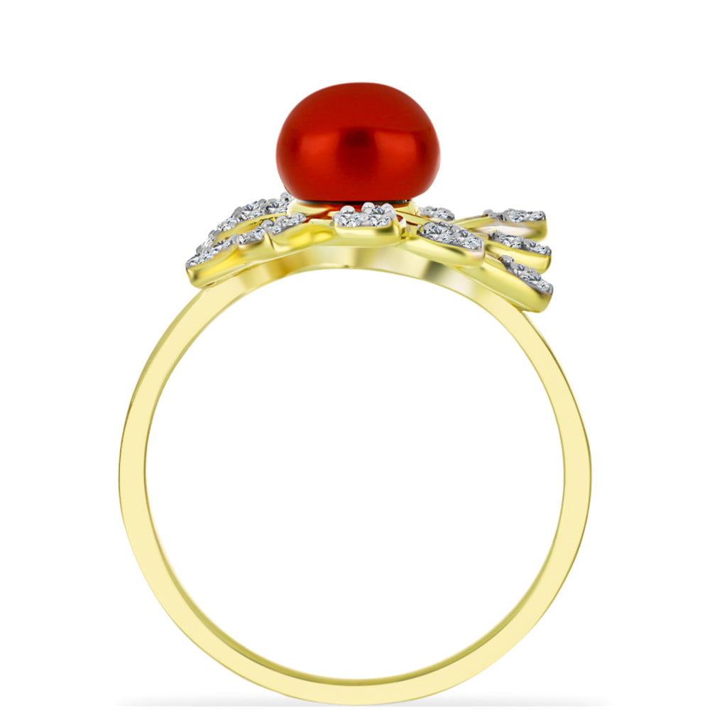 Anillo de Plata Bañada en Oro con Perla roja de río y Topacio Blanco