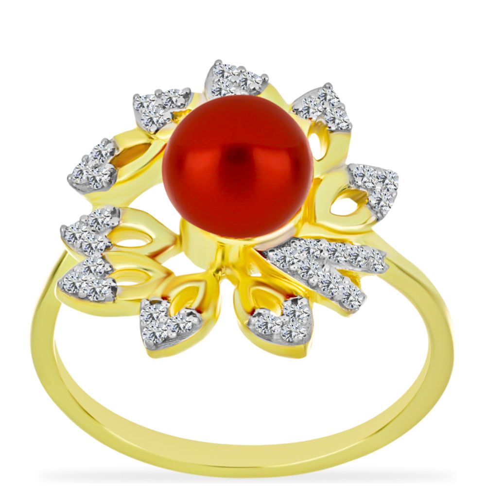 Anillo de Plata Bañada en Oro con Perla roja de río y Topacio Blanco 3 