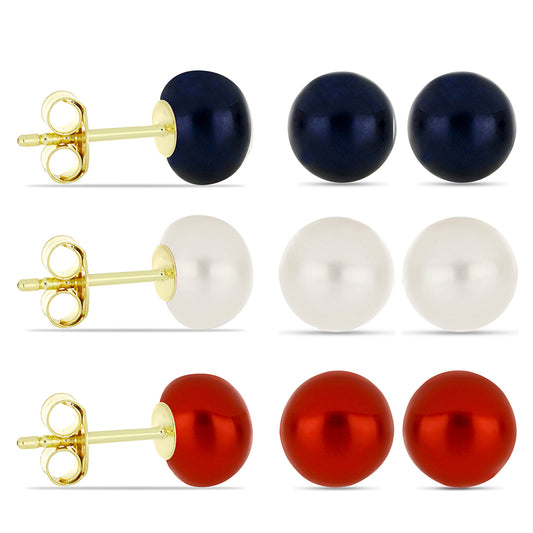 Conjunto de Plata Bañada en Oro con Perla roja de río y Perla de Agua Dulce Blanca ( Pendientes )