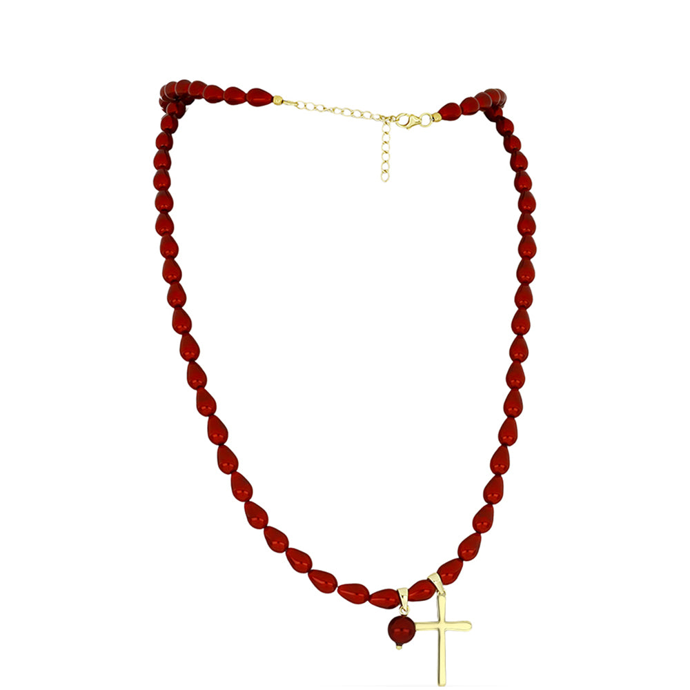 Cruz Collar de Plata Bañada en Oro con Perla roja de río 1 