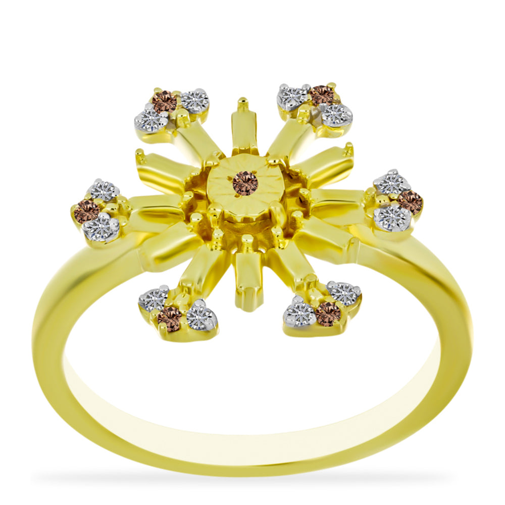 Anillo de Plata Bañada en Oro con Diamante Champagne y Diamante blanco