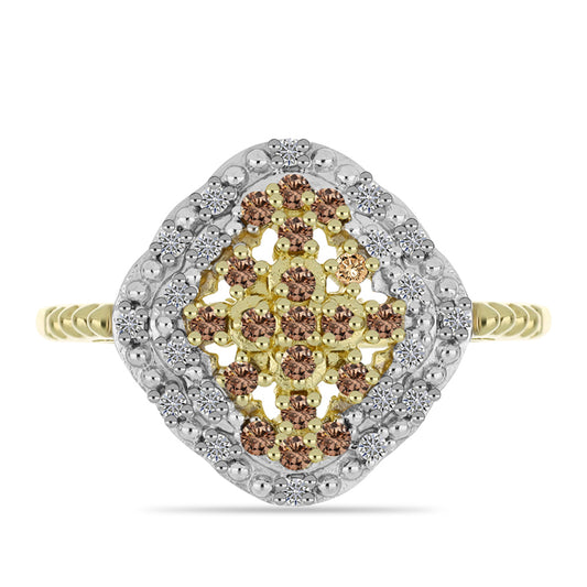 Anillo de Plata Bañada en Oro con Diamante Champagne y Diamante blanco