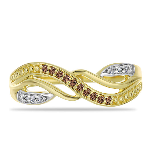 Anillo de Plata Bañada en Oro con Diamante Champagne y Diamante blanco