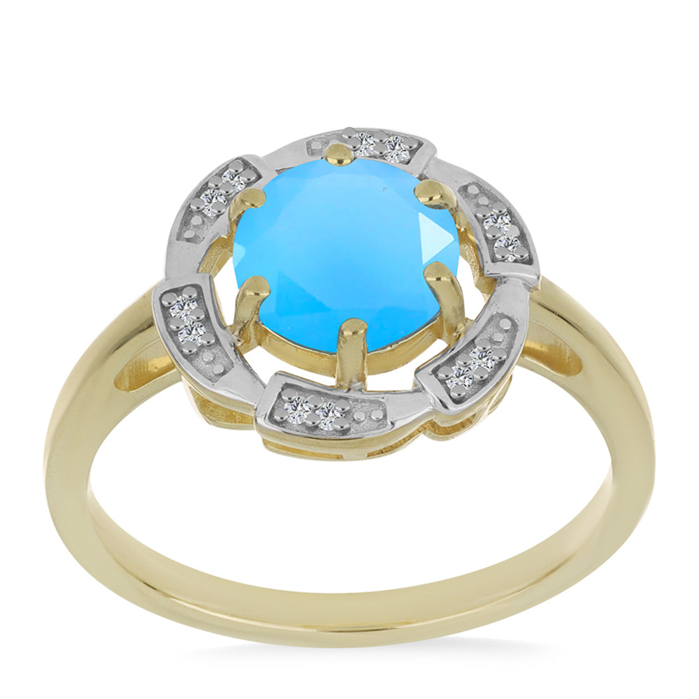 Anillo de Plata Bañada en Oro con Calcedonia Aqua y Topacio Blanco 3 