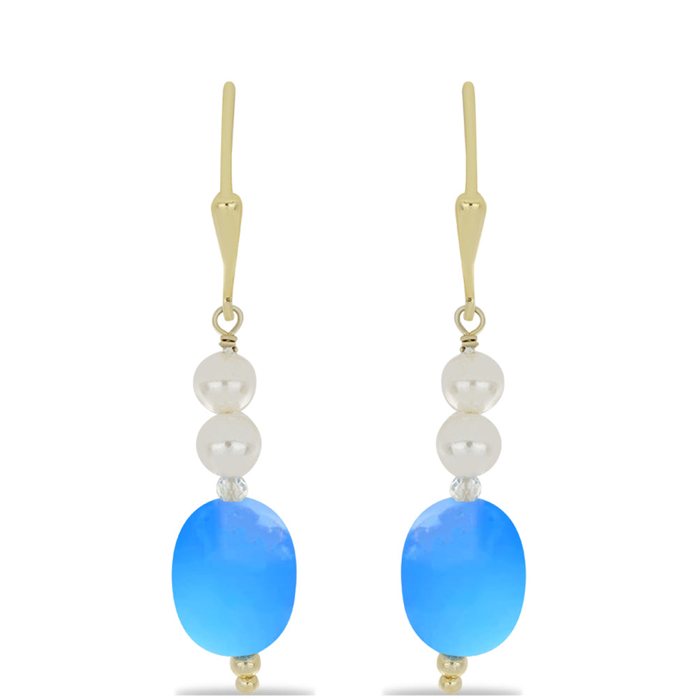 Pendientes de Plata Bañada en Oro con Calcedonia Aqua y Cuarzo Blanco