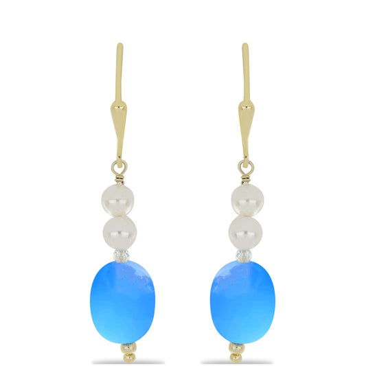 Pendientes de Plata Bañada en Oro con Calcedonia Aqua y Cuarzo Blanco