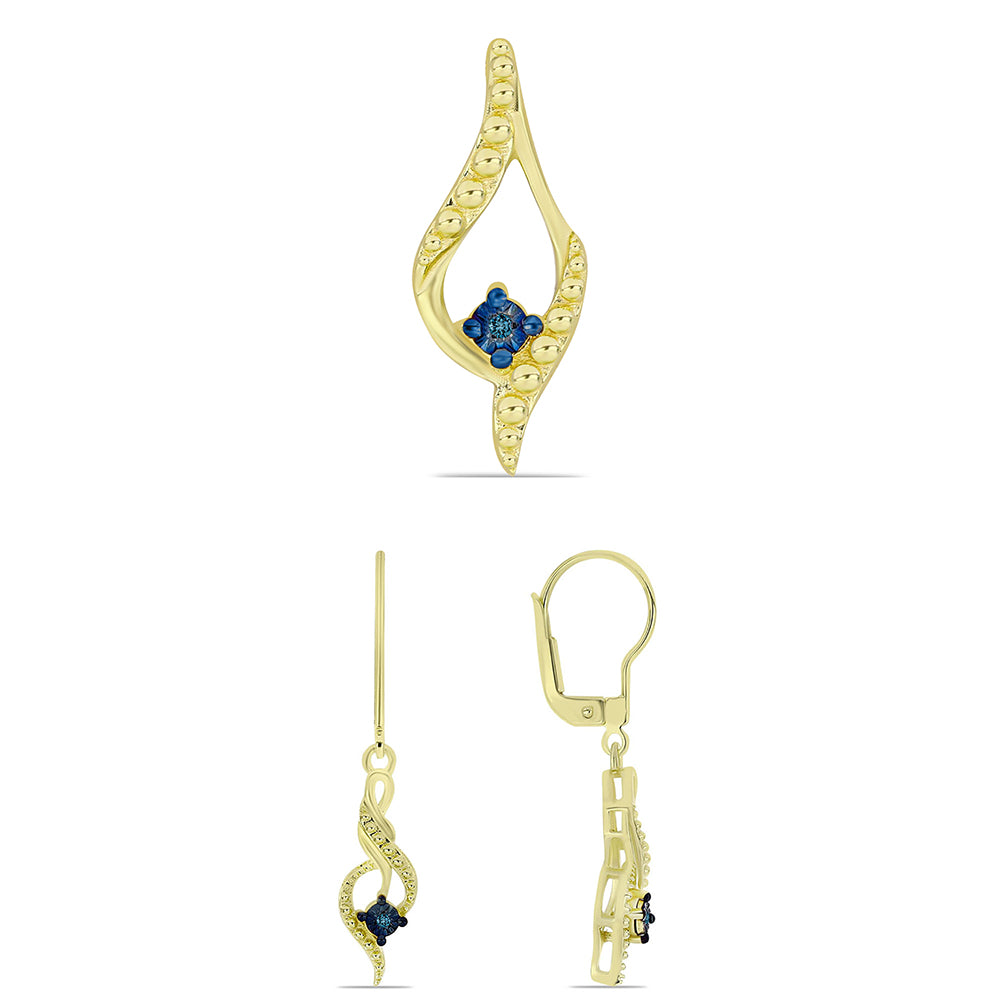 Conjunto de Plata Bañada en Oro con Diamante Azul ( Pendientes +Colgante )