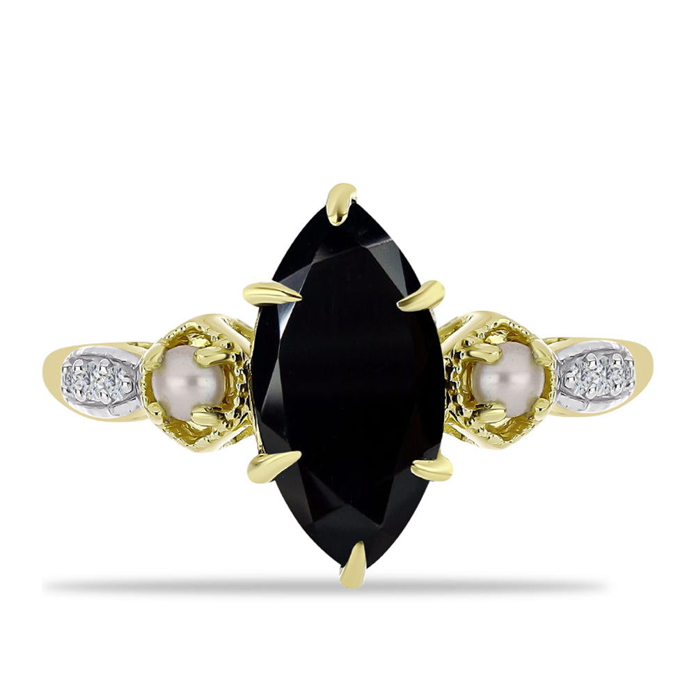 Anillo de Plata Bañada en Oro con Ónix negro de Suwar y Perla de Agua Dulce 1 