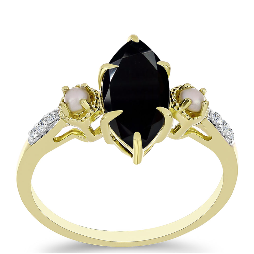 Anillo de Plata Bañada en Oro con Ónix negro de Suwar y Perla de Agua Dulce 3 