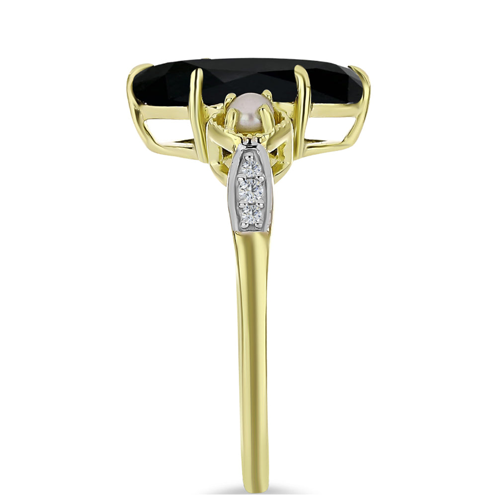 Anillo de Plata Bañada en Oro con Ónix negro de Suwar y Perla de Agua Dulce