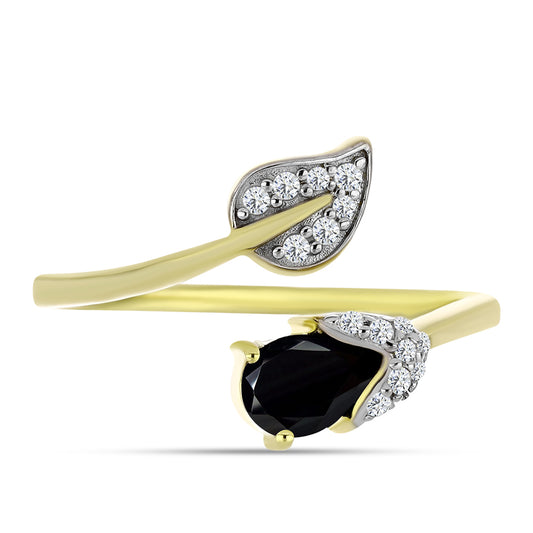 Anillo de Plata Bañada en Oro con Espinela Negra y Topacio Blanco