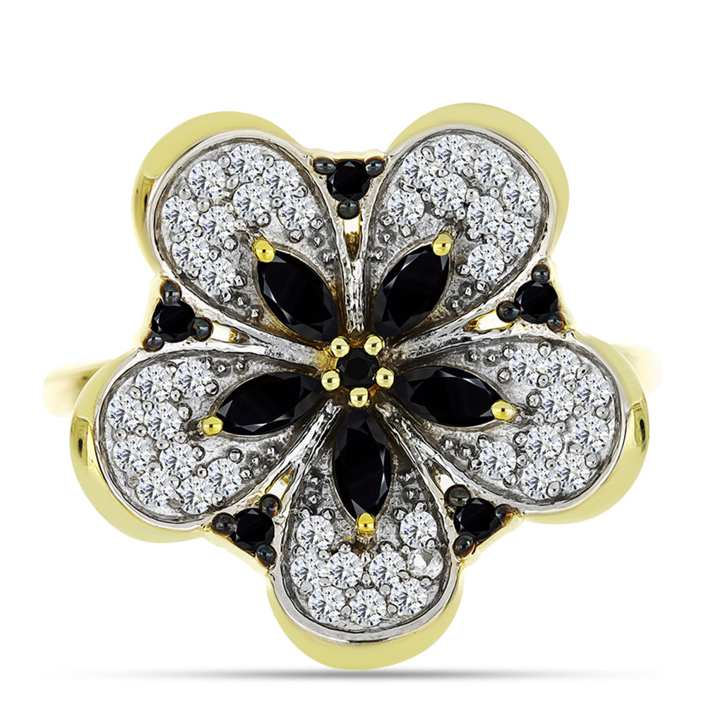 Anillo de Plata Bañada en Oro con Espinela Negra y Topacio Blanco 1 