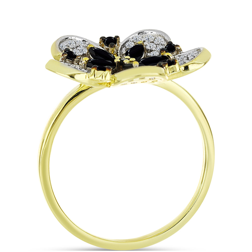 Anillo de Plata Bañada en Oro con Espinela Negra y Topacio Blanco 2 