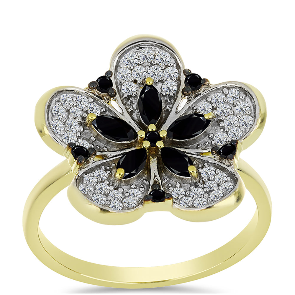 Anillo de Plata Bañada en Oro con Espinela Negra y Topacio Blanco 3 