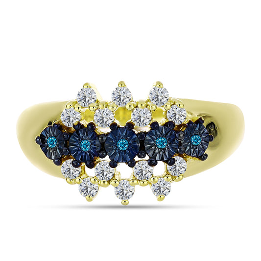 Anillo de Plata Bañada en Oro con Diamante Azul y Topacio Blanco