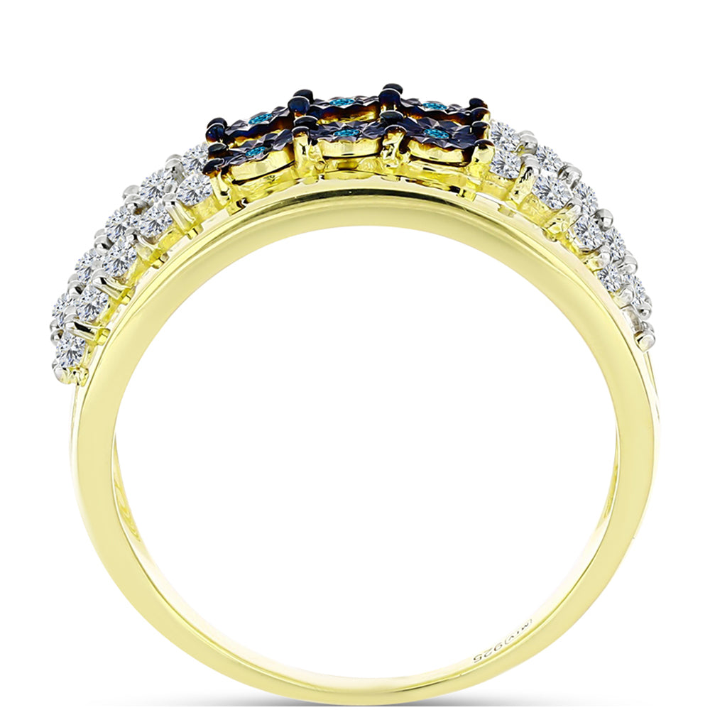 Anillo de Plata Bañada en Oro con Diamante Azul y Topacio Blanco 2 