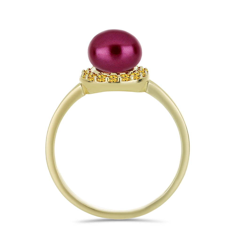 Anillo de Plata Bañada en Oro con Perla Púrpura de Agua dulce y Citrino de los Montes Urales 2 