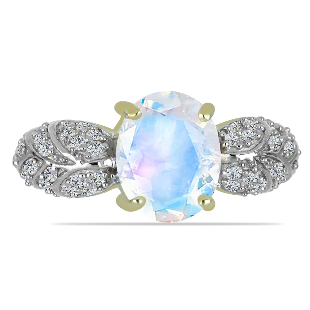 Anillo de Plata Bañada en Oro con Piedra Lunar Arco Iris y Topacio Blanco 1 