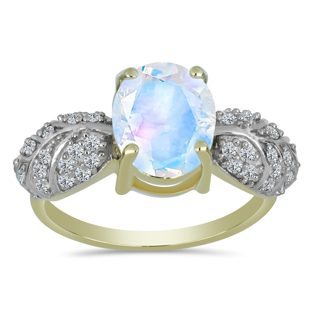 Anillo de Plata Bañada en Oro con Piedra Lunar Arco Iris y Topacio Blanco 3 
