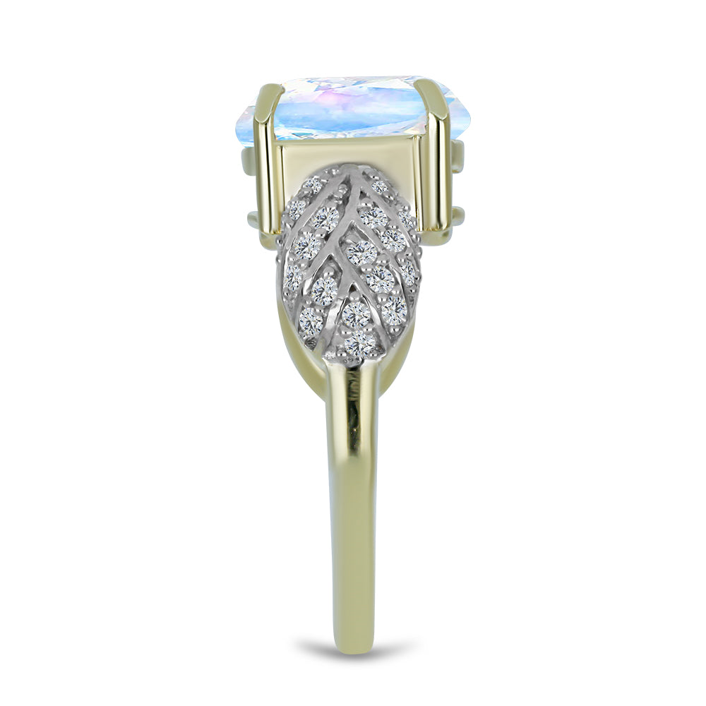 Anillo de Plata Bañada en Oro con Piedra Lunar Arco Iris y Topacio Blanco