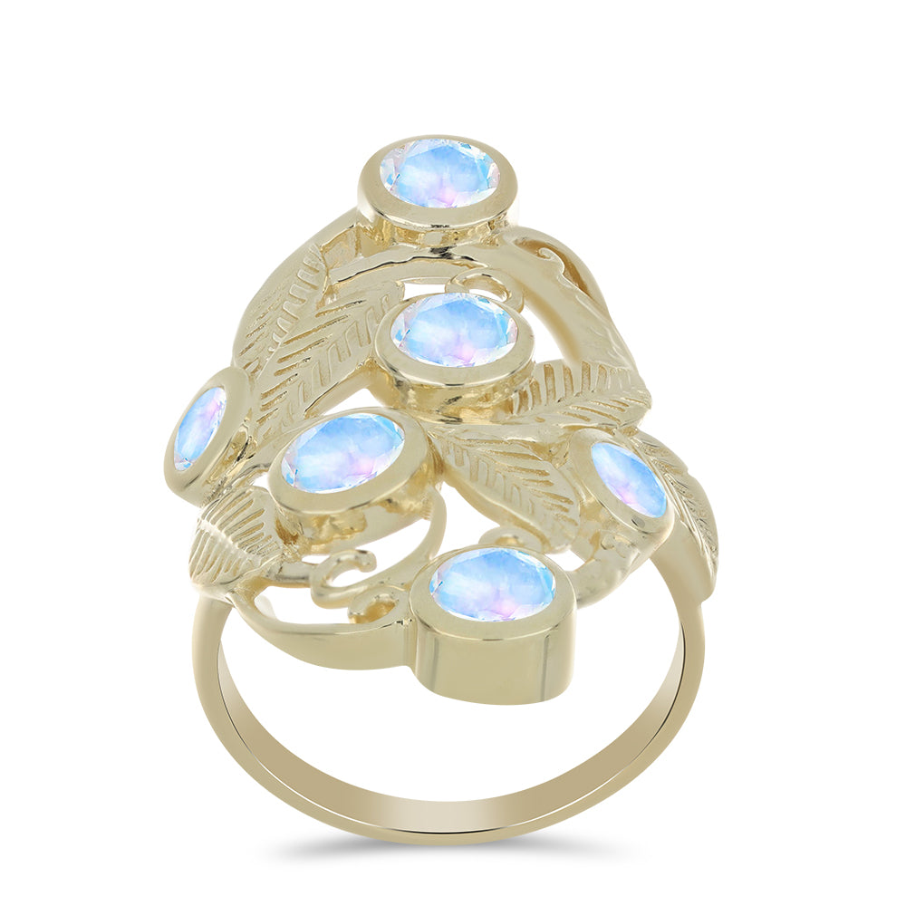 Anillo de Plata Bañada en Oro con Piedra Lunar Arco Iris 3 