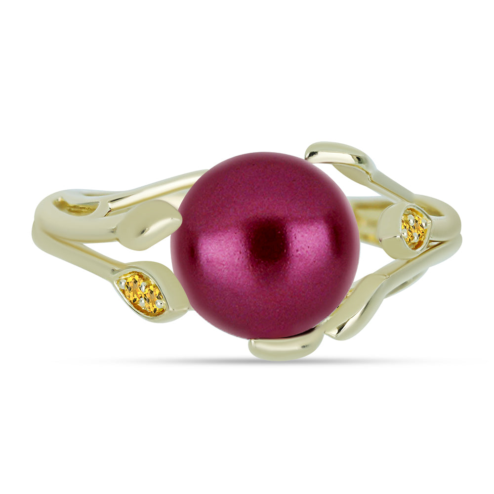 Anillo de Plata Bañada en Oro con Perla Púrpura de Agua dulce y Citrino de los Montes Urales