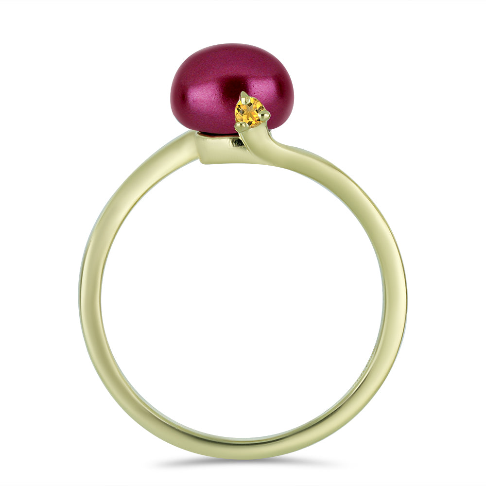 Anillo de Plata Bañada en Oro con Perla Púrpura de Agua dulce y Citrino de los Montes Urales 2 