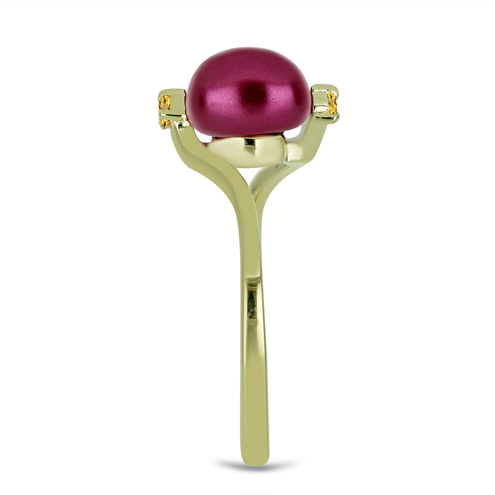 Anillo de Plata Bañada en Oro con Perla Púrpura de Agua dulce y Citrino de los Montes Urales