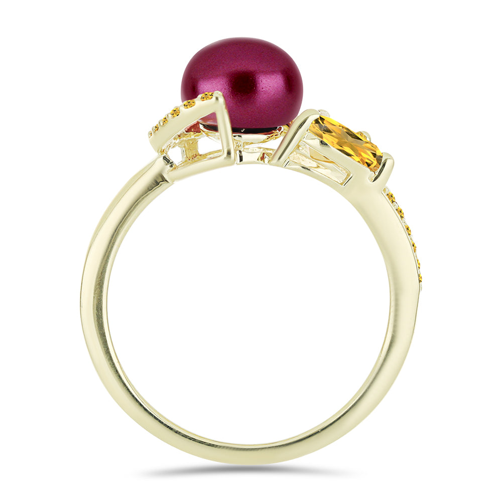 Anillo de Plata Bañada en Oro con Perla Púrpura de Agua dulce y Citrino de los Montes Urales