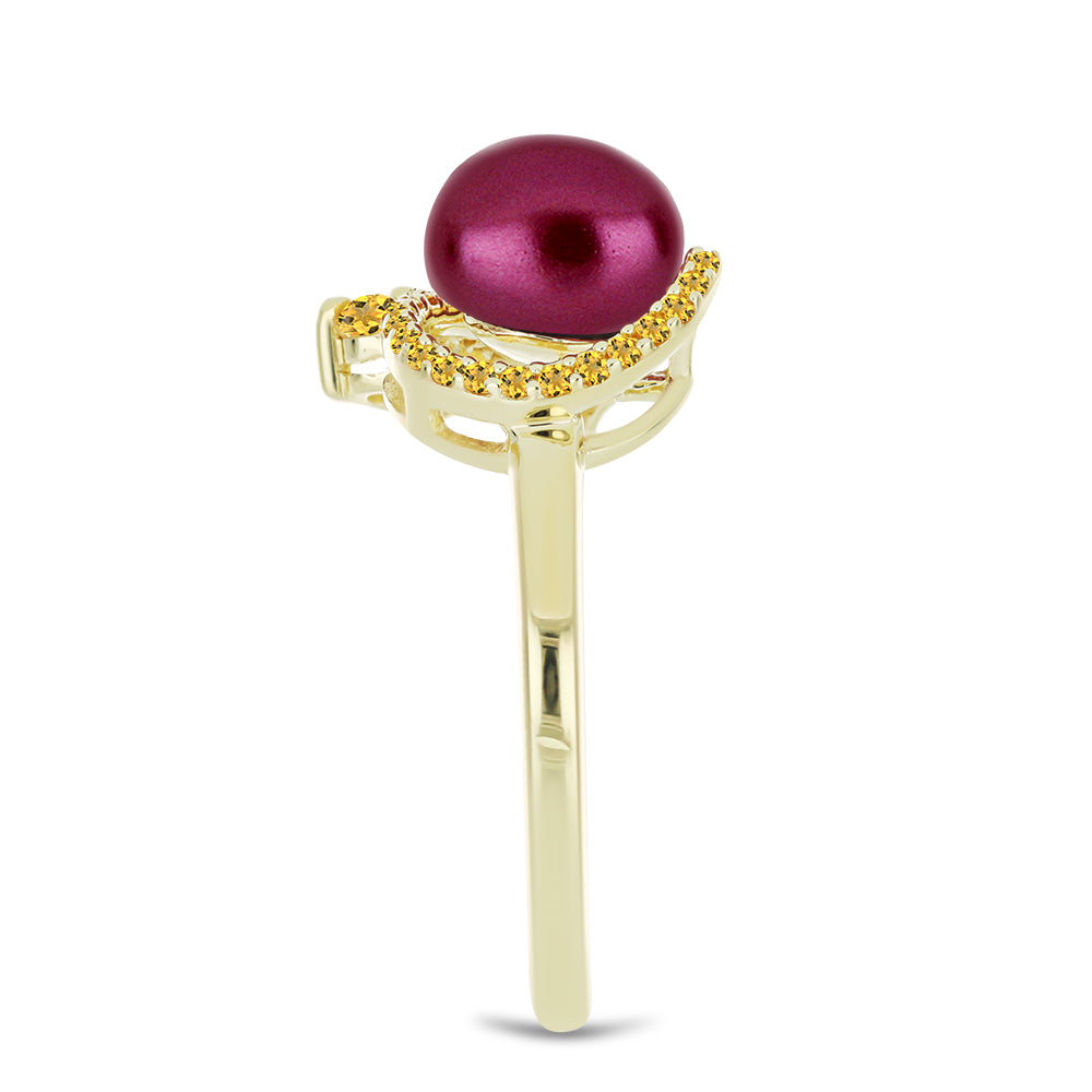 Anillo de Plata Bañada en Oro con Perla Púrpura de Agua dulce y Citrino de los Montes Urales 4 