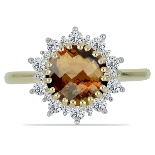 Anillo de Plata Bañada en Oro con Cuarzo Coñac y Topacio Blanco