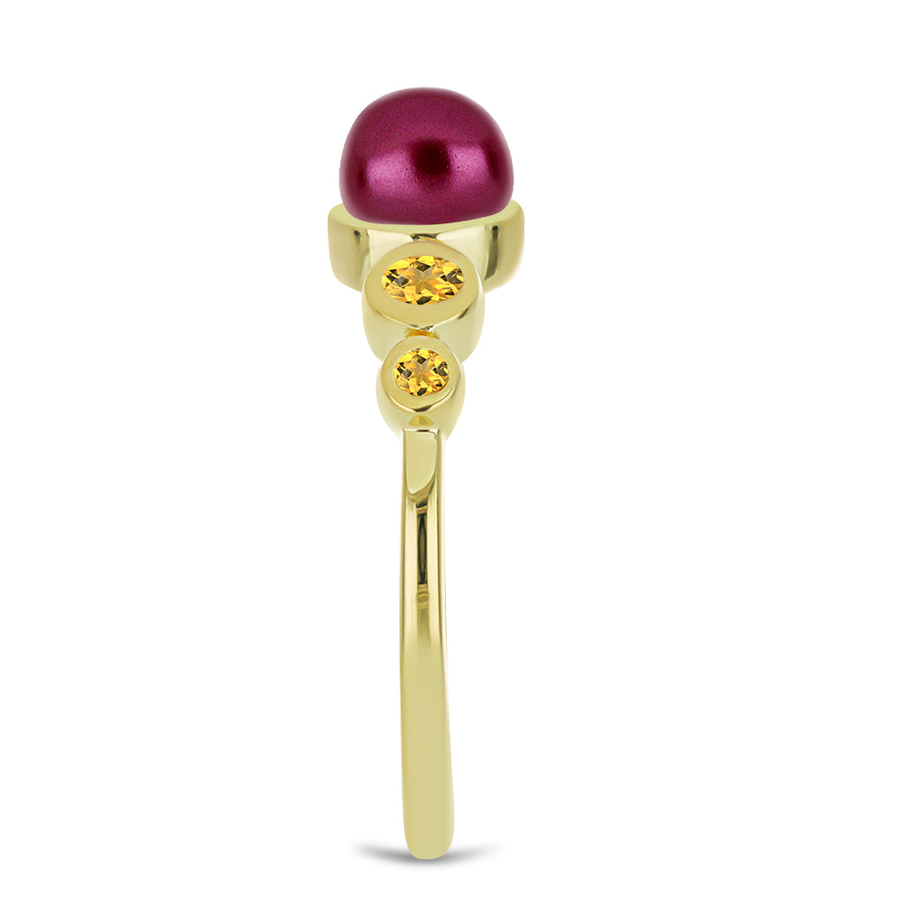 Anillo de Plata Bañada en Oro con Perla Púrpura de Agua dulce y Citrino de los Montes Urales