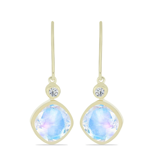 Pendientes de Plata Bañada en Oro con Piedra Lunar Arco Iris y Topacio Blanco