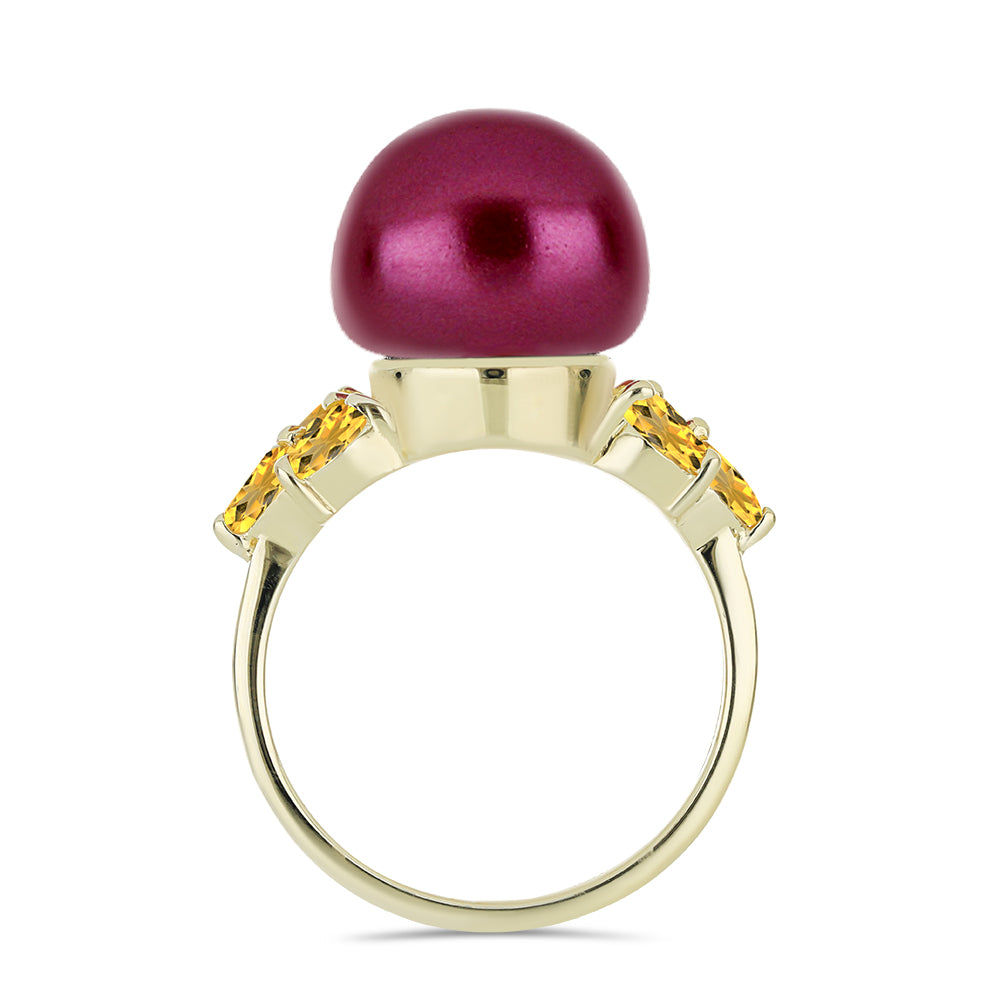 Anillo de Plata Bañada en Oro con Perla Púrpura de Agua dulce y Citrino de los Montes Urales