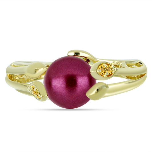 Anillo de Plata Bañada en Oro con Perla Púrpura de Agua dulce y Citrino de los Montes Urales