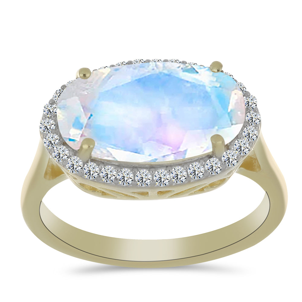 Anillo de Plata Bañada en Oro con Piedra Lunar Arco Iris y Topacio Blanco