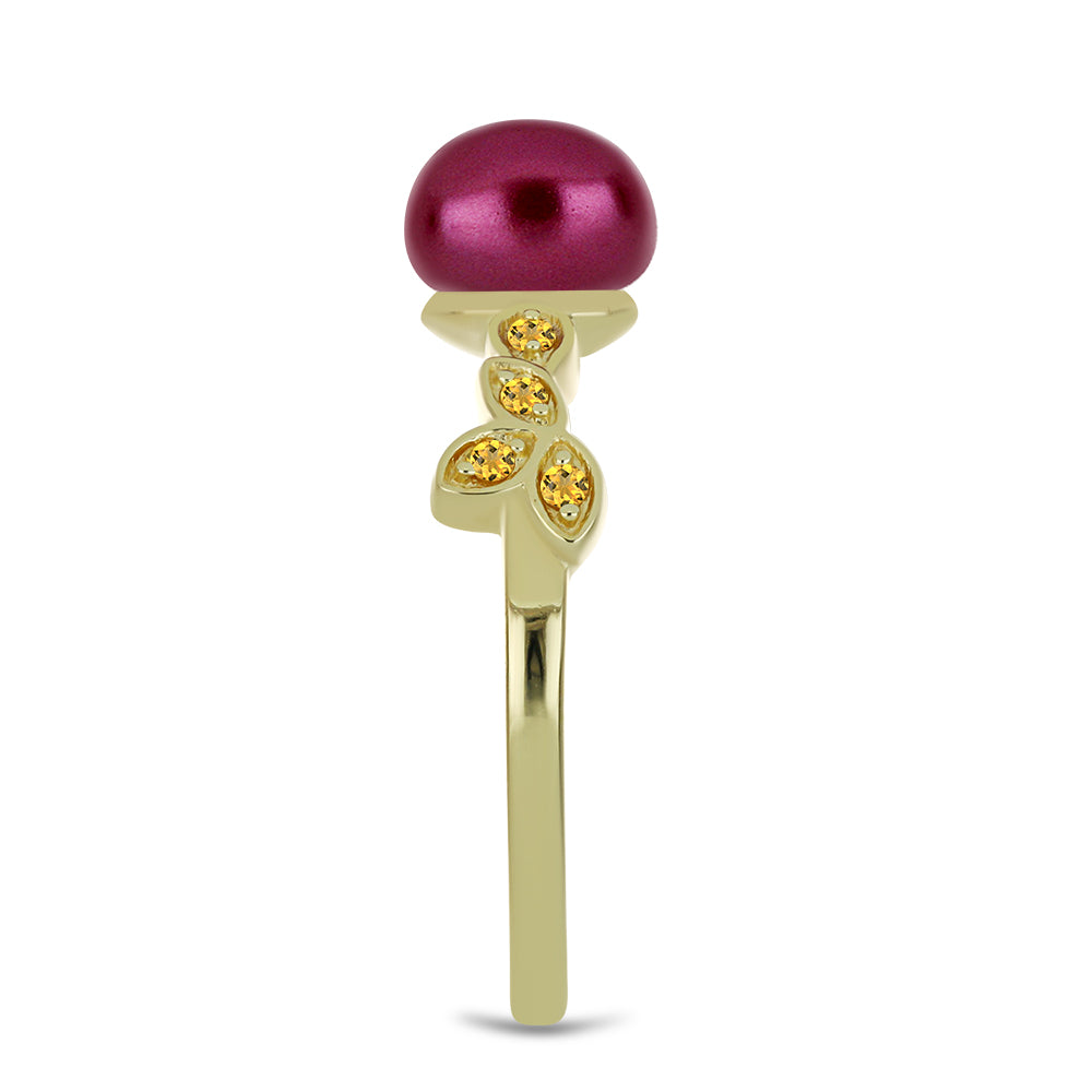 Anillo de Plata Bañada en Oro con Perla Púrpura de Agua dulce y Citrino de los Montes Urales